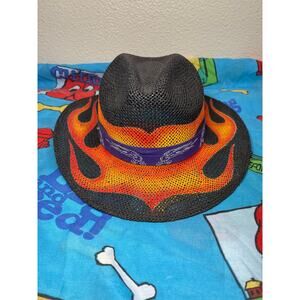 Vintage weave straw cowboy hat w/ hand painted flames by flamezone RARE